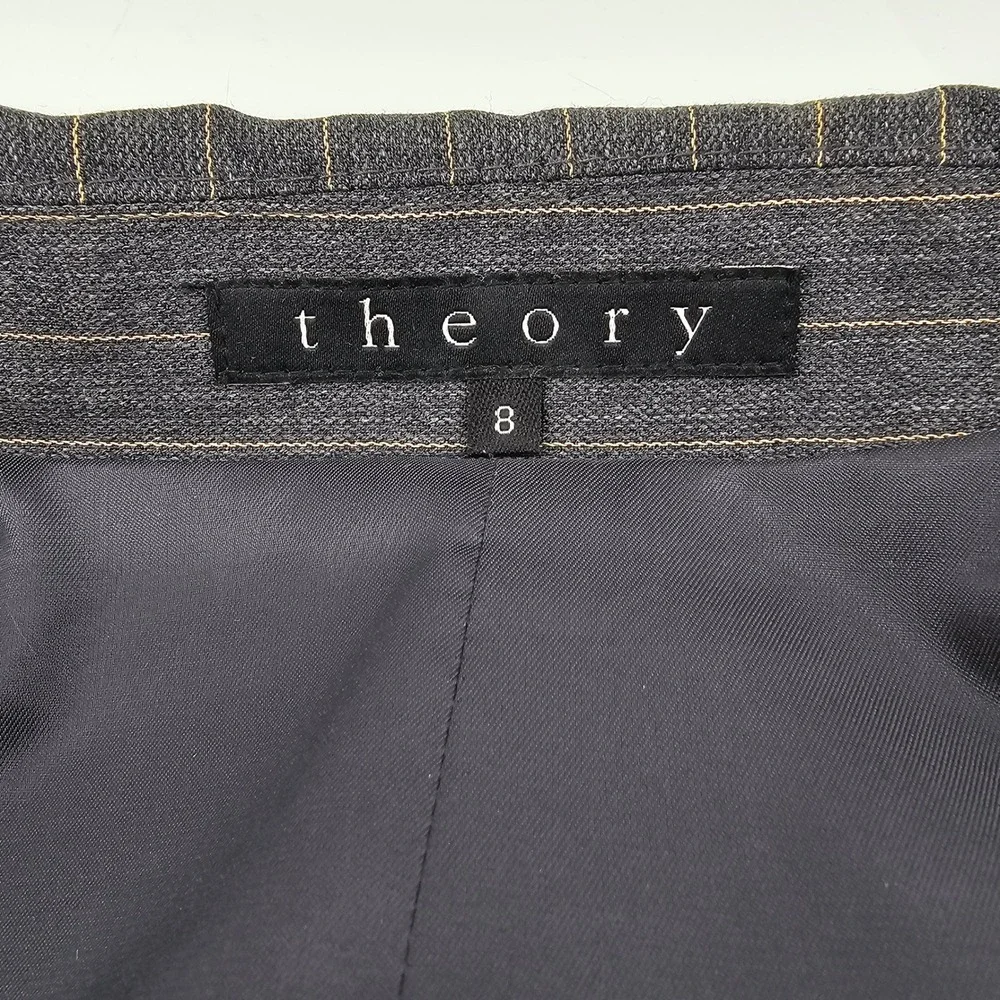 Theory Wool Skirt Suit Women 8 Grey Pinstripe Single Button Blazer Pleated Mini